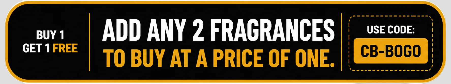 Promotional banner for a fragrance offer with text and a code on a white background